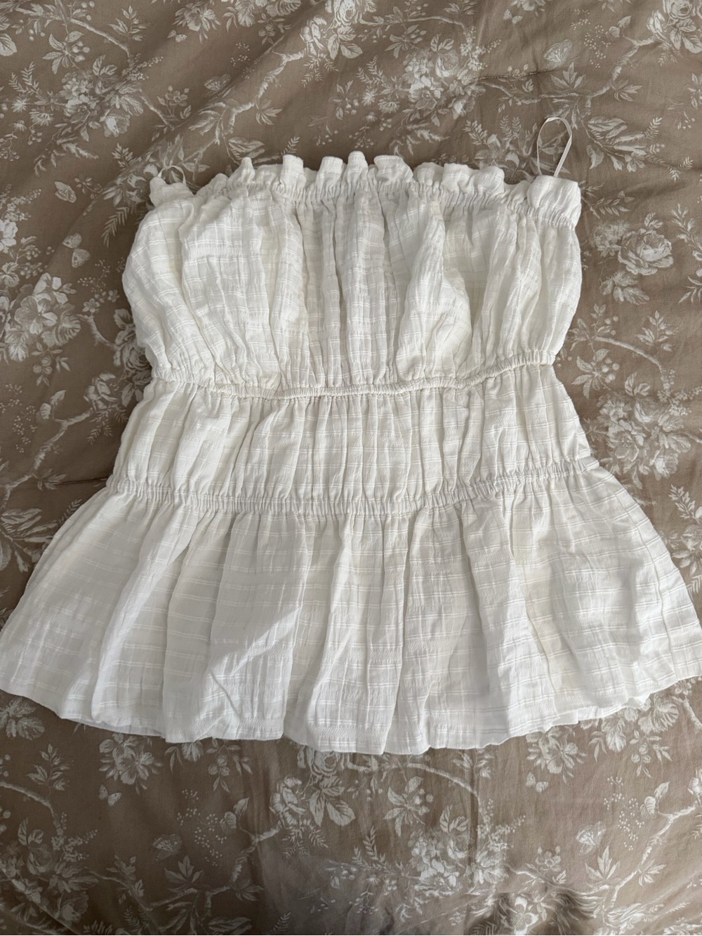 Caroline Constas White Smocked Strapless Peplum Top